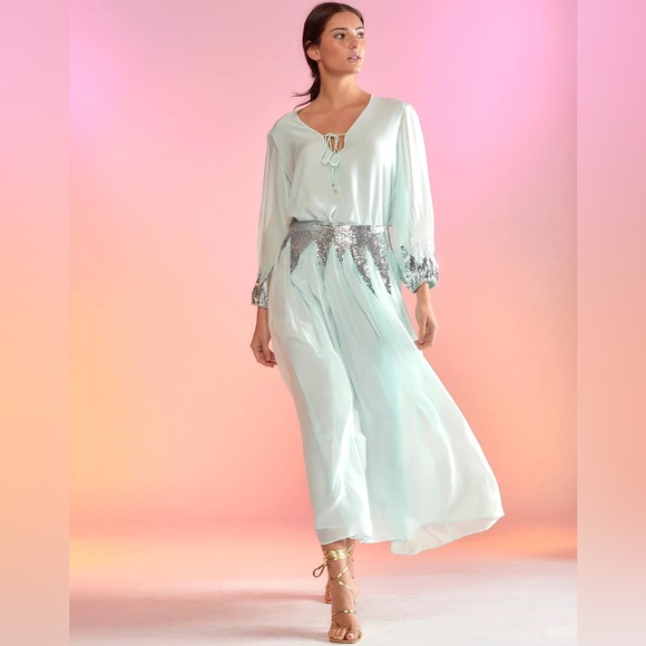 Cynthia Rowley Mint Green/Blue Silk Peasant Skirt  (ONLY) w/ Sequins Sz 2, NWT - Picture 3 of 8